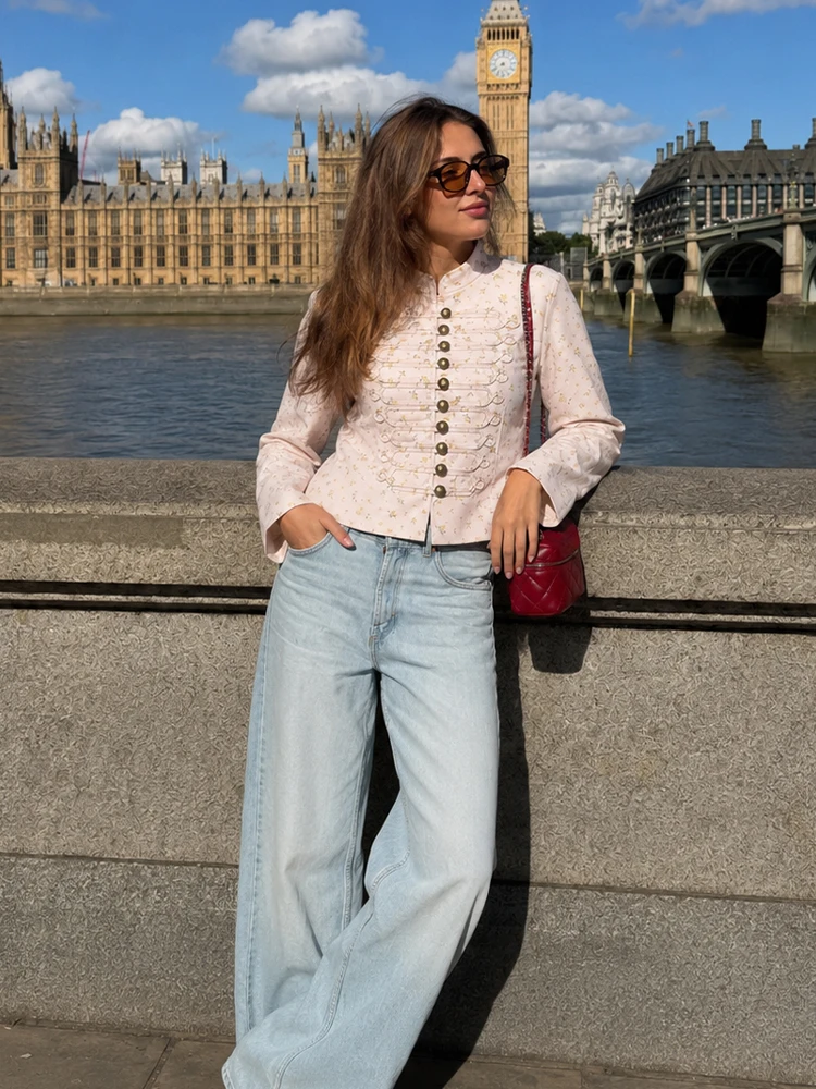 HH Women Retro Floral Satin Jacket Metal Buckle Decoration Slim Light Pink Stand Coat 2026 Spring Autumn Garden Party Outerwear