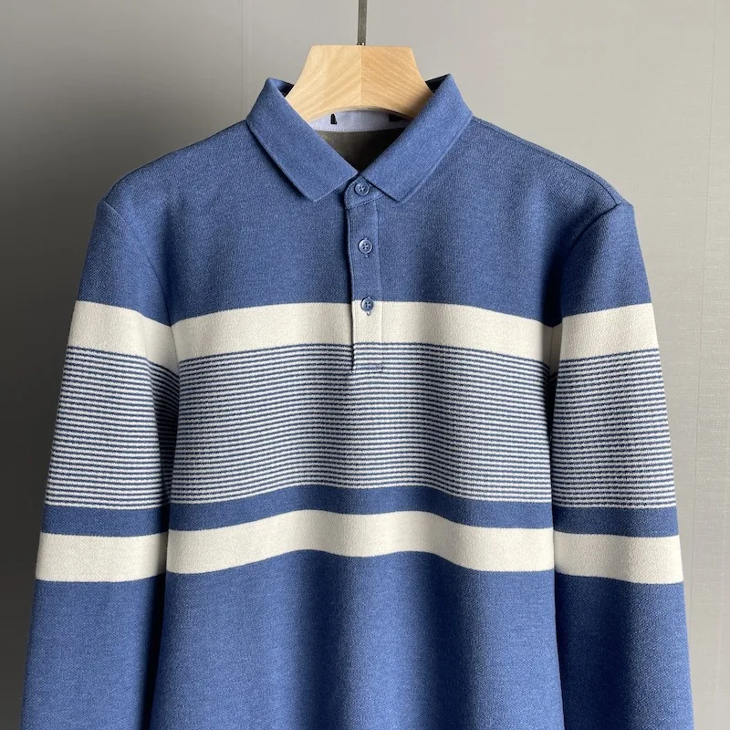 

Мужской вязаный свитер Faionable Busin с длинным рукавом и воротником, осенне-зимний, сине-белые полосы, классическая цветовая гамма