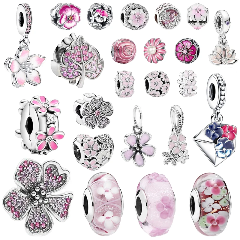 Sparkling Pink Flowers Series Cherry Blossom Daisy Charm Beads Fit Original European 925 Silver Bracelet DIY Women Jewelry Gifts