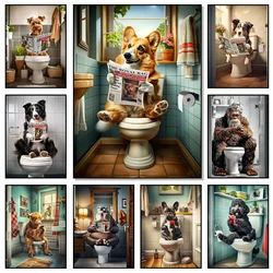 Cat Dog Highland Cow Bigfoot Sitting on Toilet Reading Newspaper Poster Animal Print Canvas Painting Funny Bathroom Wall Decor