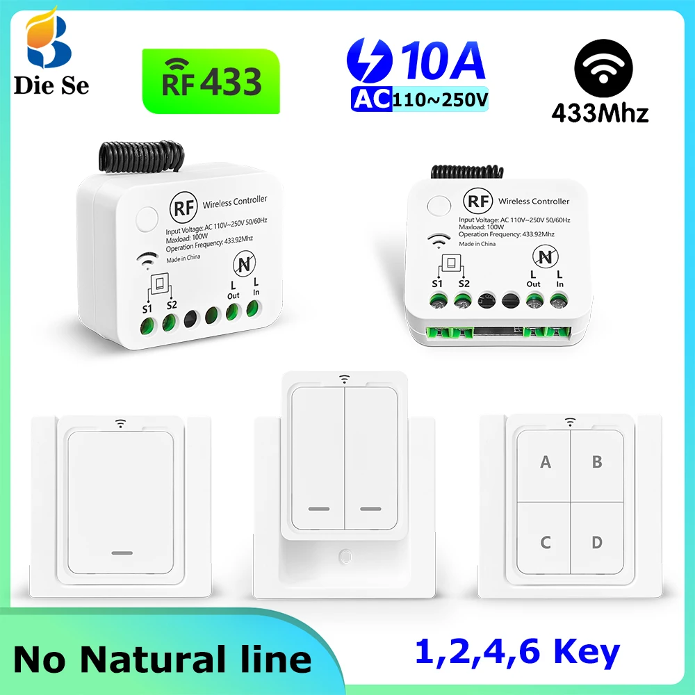 

433MHz Remote Control Light Switch AC 110V 220V RF Relay Receiver No Need Neutral Line and Wireless 86 Panel Switch for LED