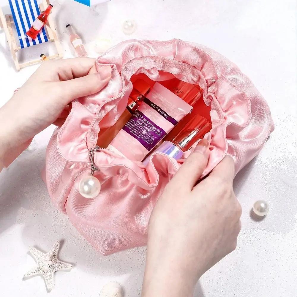 Portable Polyester Makeup Bag Shiny Surface Cloud Shape Wash Bag Drawstring Closure Large Capacity Travel Organizer Daily