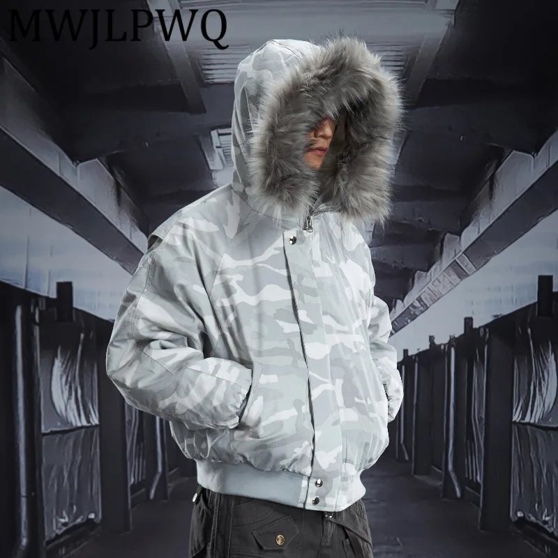 

MWJLPWQ новая камуфляжная большая пушистая куртка с капюшоном на молнии, свободная короткая хлопковая куртка, мужская уличная утепленная стеганая куртка, зима 12830