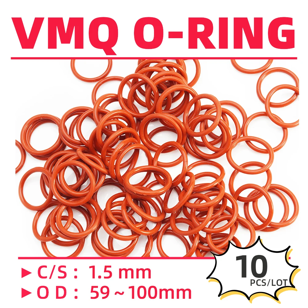 10PCS/Lot Rubber Red VMQ CS1.5 mm OD 59/60/62/65/66/67/70/72/75/80/82/85/90/92/95/100 mm O Ring Gasket Oil Resistant Waterproof