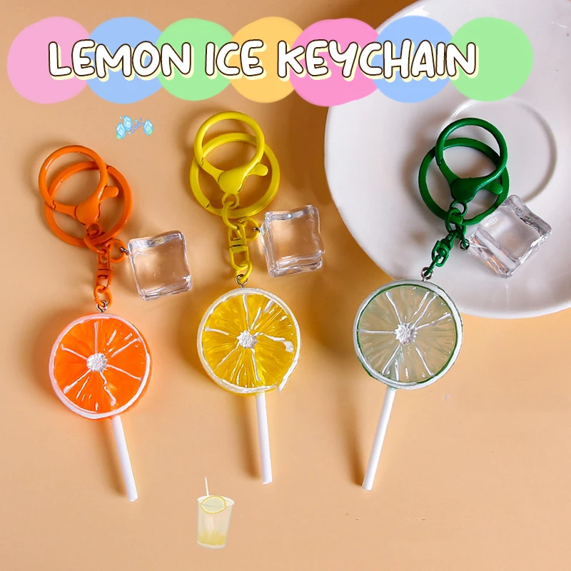 Creative Cute Simulation Lemon Lollipop Ice Cubes Keychain Pendant Simple Key Ring Backpack Decoration Accessories Gifts