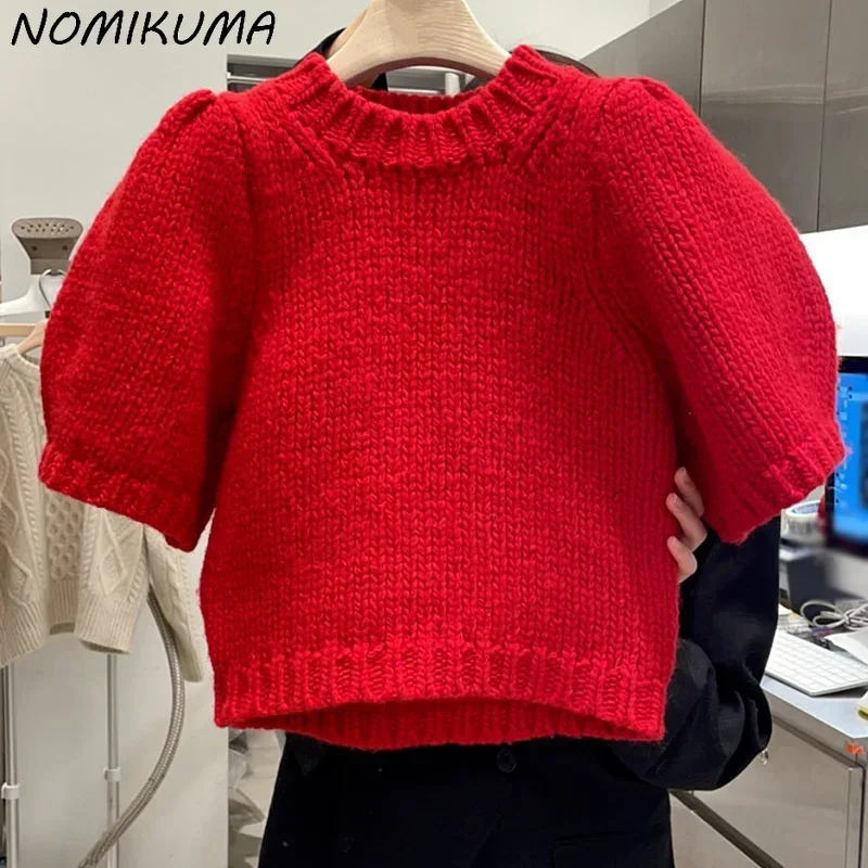 KUSAHIKI Sweet O-neck Pullover Puff Sleeve Short Sweaters Korea 2023 Spring Summer New Knitwear Causal Solid Women Knitted Tops