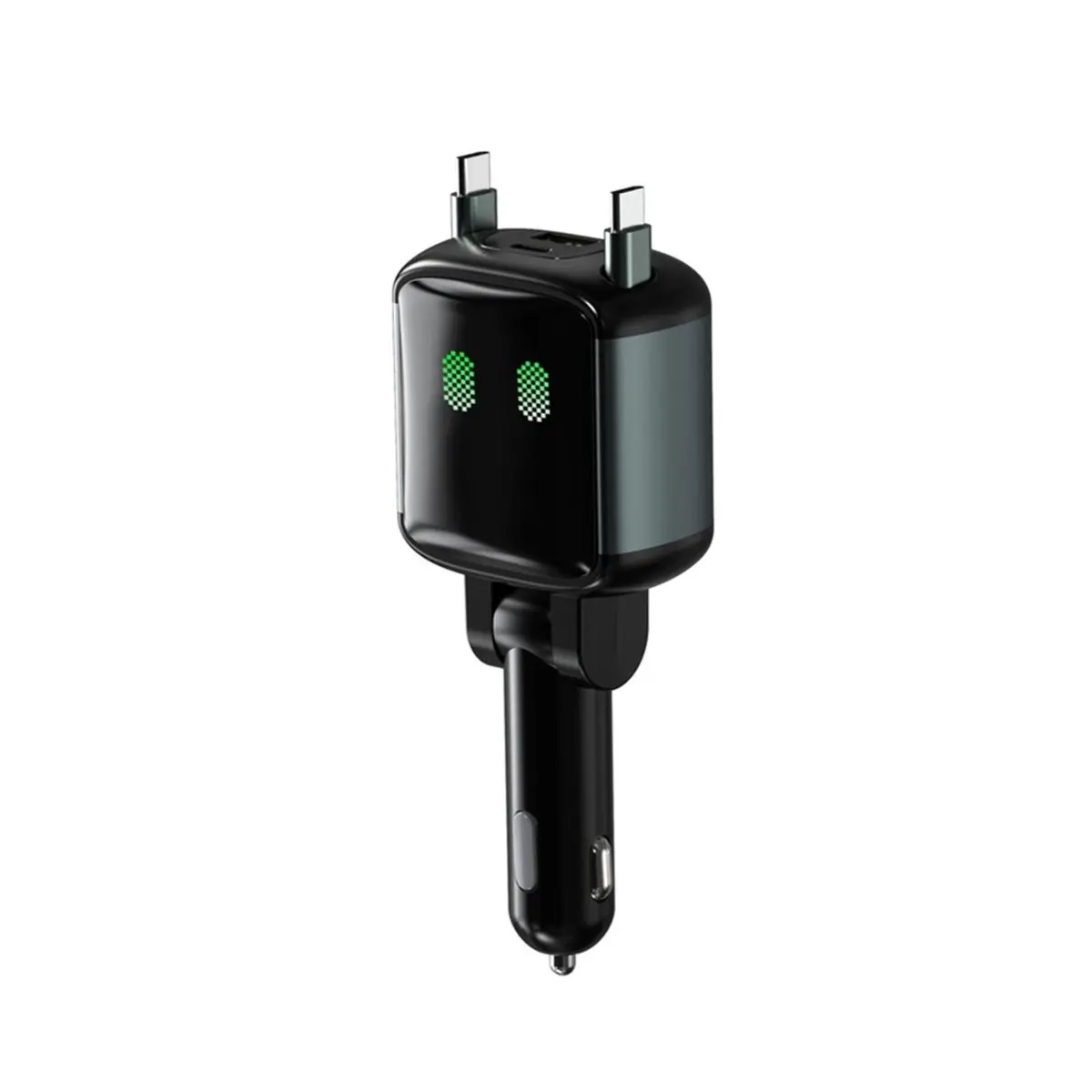 A67F 65W PD Car Charger with Built-in USB-C Cable Robot Design 12V-24V Adapter with USB-A & USB-C Ports and Atmosphere Light