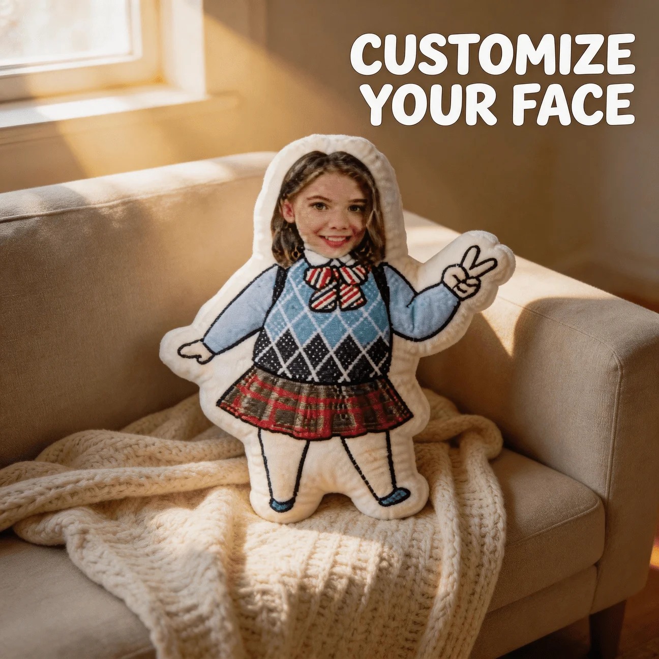 Custom Face Shaped Pillow, Personalized Photo Decorative Cushion with School Style Outfit & Peace Sign, 70cm Home Decor Accent f