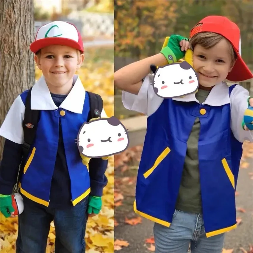 أنيمي الأزرق JacketP-PokemonING الذهاب الرجال تأثيري حلي الأولاد الرماد كيتشوم لجميع القديسين حفلة المدرب قفازات قبعة مجموعة هدية عيد ميلاد