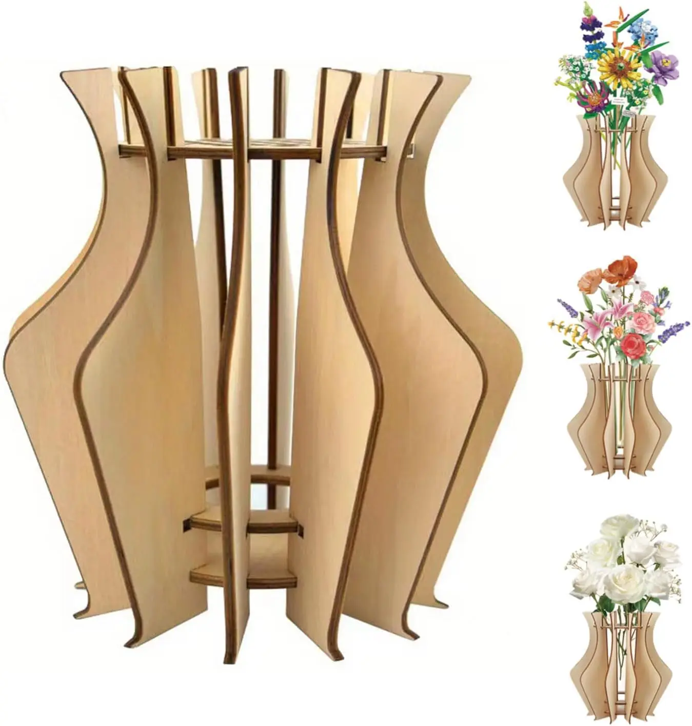 Wooden Vase for Lego Flowers, Vase Building Set for Roses, Wooden Puzzle Flower Vase for Lego Flower Bouquet Building Set