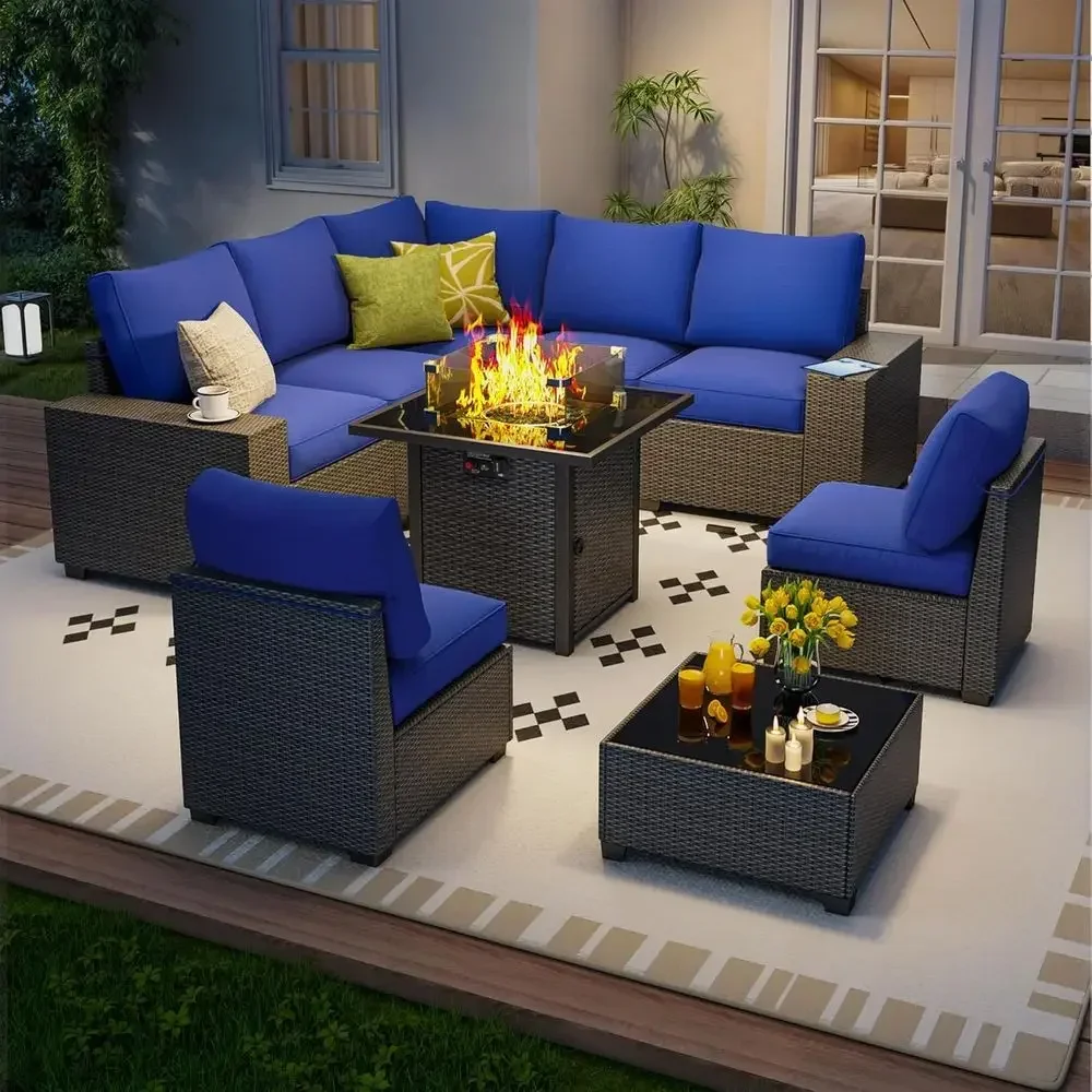 9-Piece Outdoor Patio Furniture Set with Fire Pit Table, Sectional Sofa, Rattan Wicker, Waterproof Cushions, Coffee/Blue