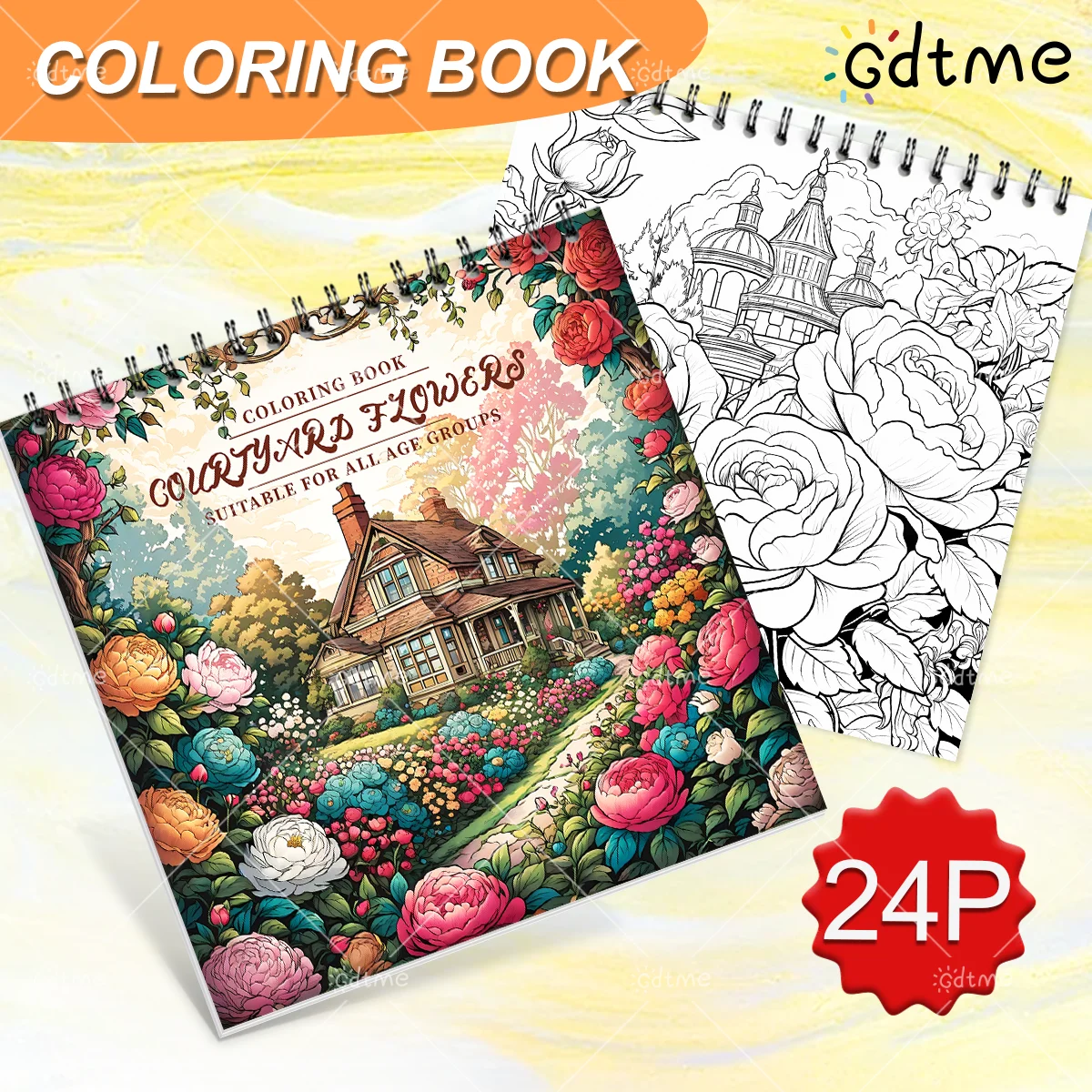 24 Pages Spiral Bound Garden Flower Coloring Book, Elegant Floral Patterns, Stress Relief Leisure Drawing Gift
