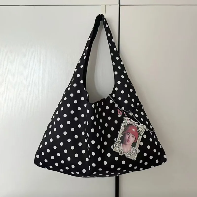 

Korean Polka Dot Canvas Shoulder Bag Fashion Casual Tote Bag Large Capacity Lightweight Commuting Bags Simple Crossbody Bag