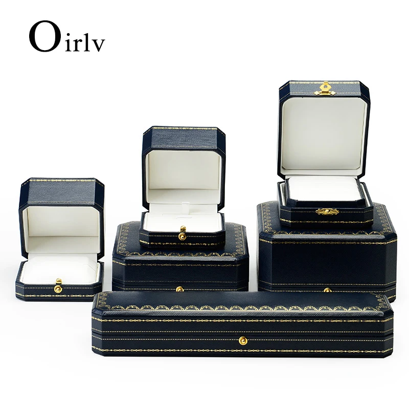 Oirlv Royal Blue Double Ring Box PU Leather 10.5*8*4.5cm Jewelry Organizer Box  for Engagement Wedding Jewelry Gift Case