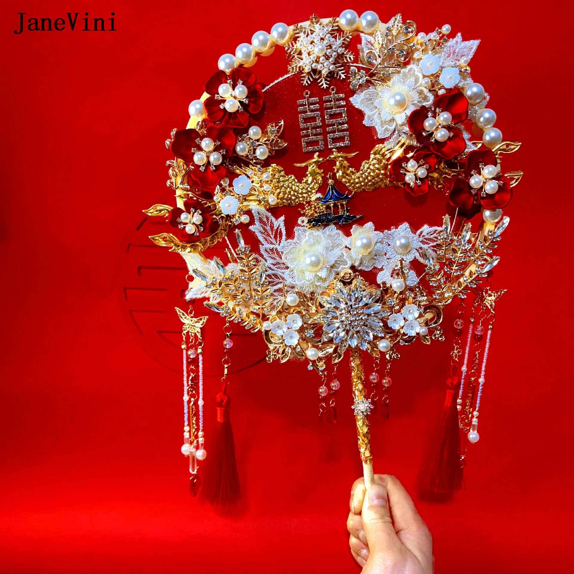 Janevini Luxus chinesische rote Braut sträuße Fan handgemachte Blumen Kristall perlen doppelseitigen Fan langen Griff Hochzeit Accessoires