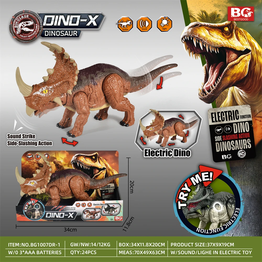

Электрический динозавр Трицератопс с звуковыми и световыми эффектами, подвижной головой и хвостом, электрическая игрушка-динозавр для подарка на день рождения BG1008