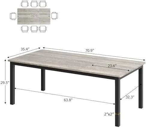 71 Inch Industrial Dining Table, Large Rectangle Kitchen Table with Metal Legs, Round Corners, Wooden Conference Tables