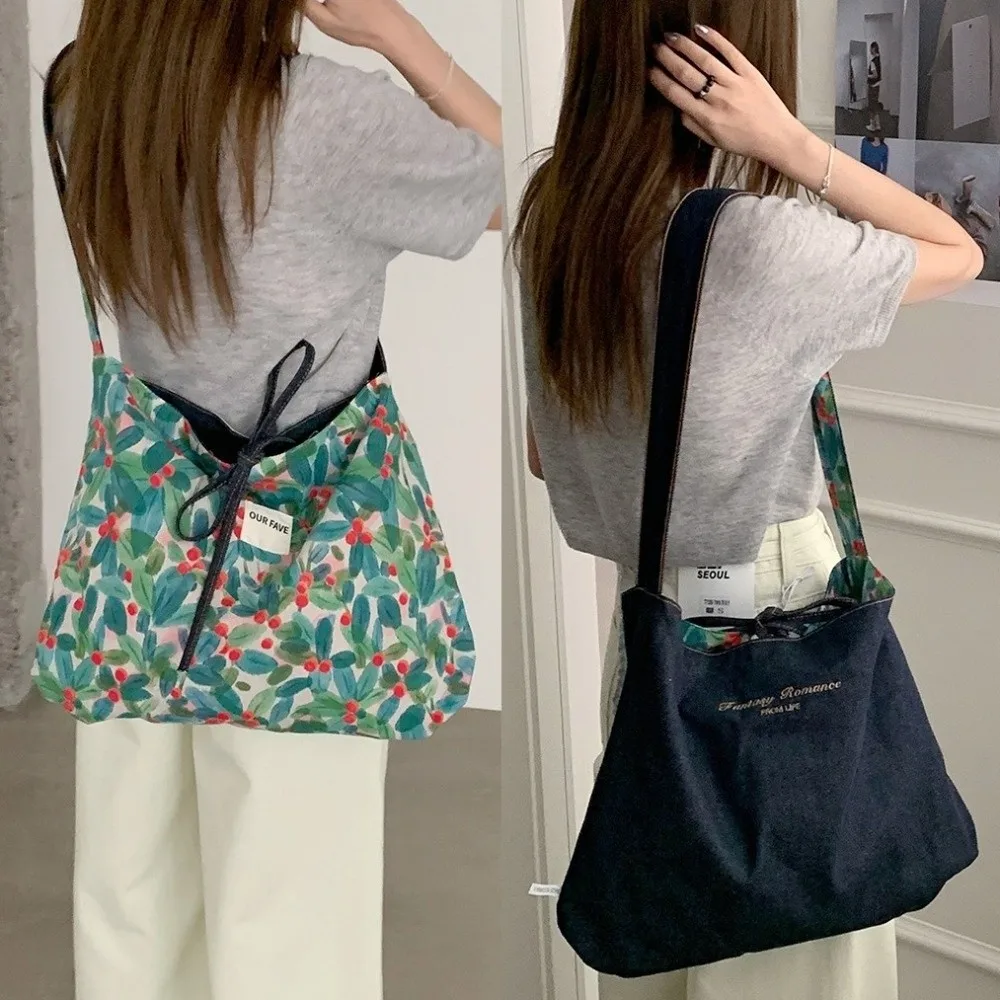 

Simple Cloth Double Sided Denim Bag Korean Style Flower Denim Shoulder Bag Handbag Large Capacity Bohemian Messenger Bag Class
