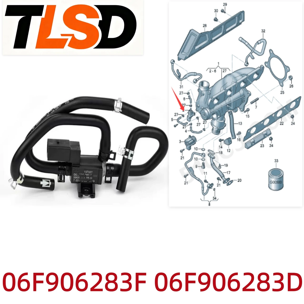 Turbocharger Solenoid Valve with Tubing 06F906283F 06F906283D Suitable for Volkswagen Scirocco, Lamando, Golf, Sagitar, Tiguan, Beetle, Cc, Eos, Passat, Audi A1, A3/S3, A4/S4, A5/S5, A6/S6, A8/S8, Q3, Q5, Tt/Tts, Skoda Octavia, Superb, Yeti