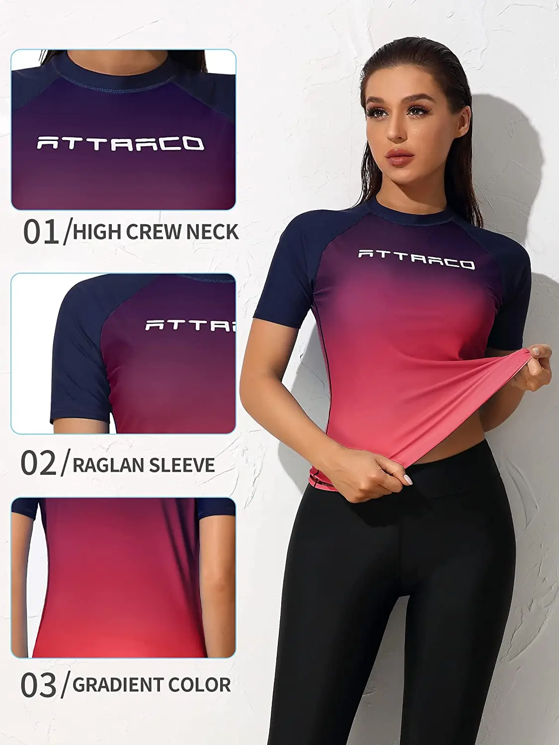 Anfilia Women Short Sleeve Rash Guard Shirts Swimwear Rash Guard Top Surf Top Close-fitting Shirt UPF 50+