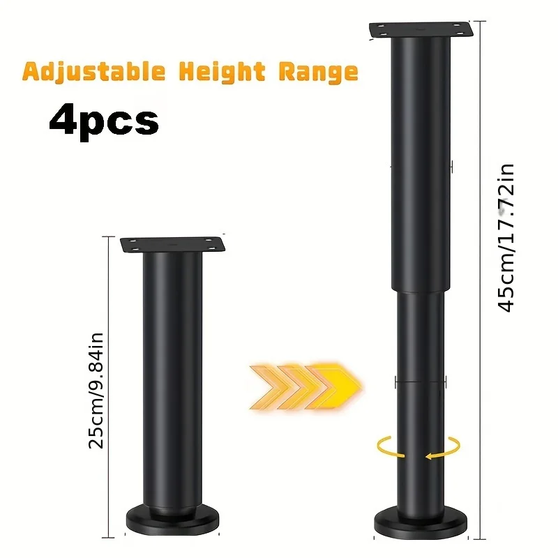 (4 Buah) Kaki Logam Tugas Berat Dapat Disesuaikan Tingginya - Konstruksi Kokoh, Lapisan Hitam Matte, untuk Rangka Tempat Tidur, Sofa, Lemari, Meja