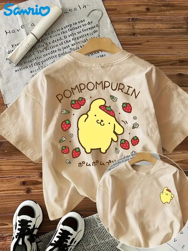 

Sanrio Pom Pom Purin Cotton Tee Strawberry Loving Purin Print with Berries and Flowers Cute Fruit Design Pure Cotton for Fans