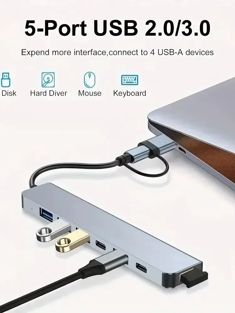 HUB USB com leitor de cartão divisor, USB C Port, SD, leitor de cartão TF, Docking Station, USB 3.0,