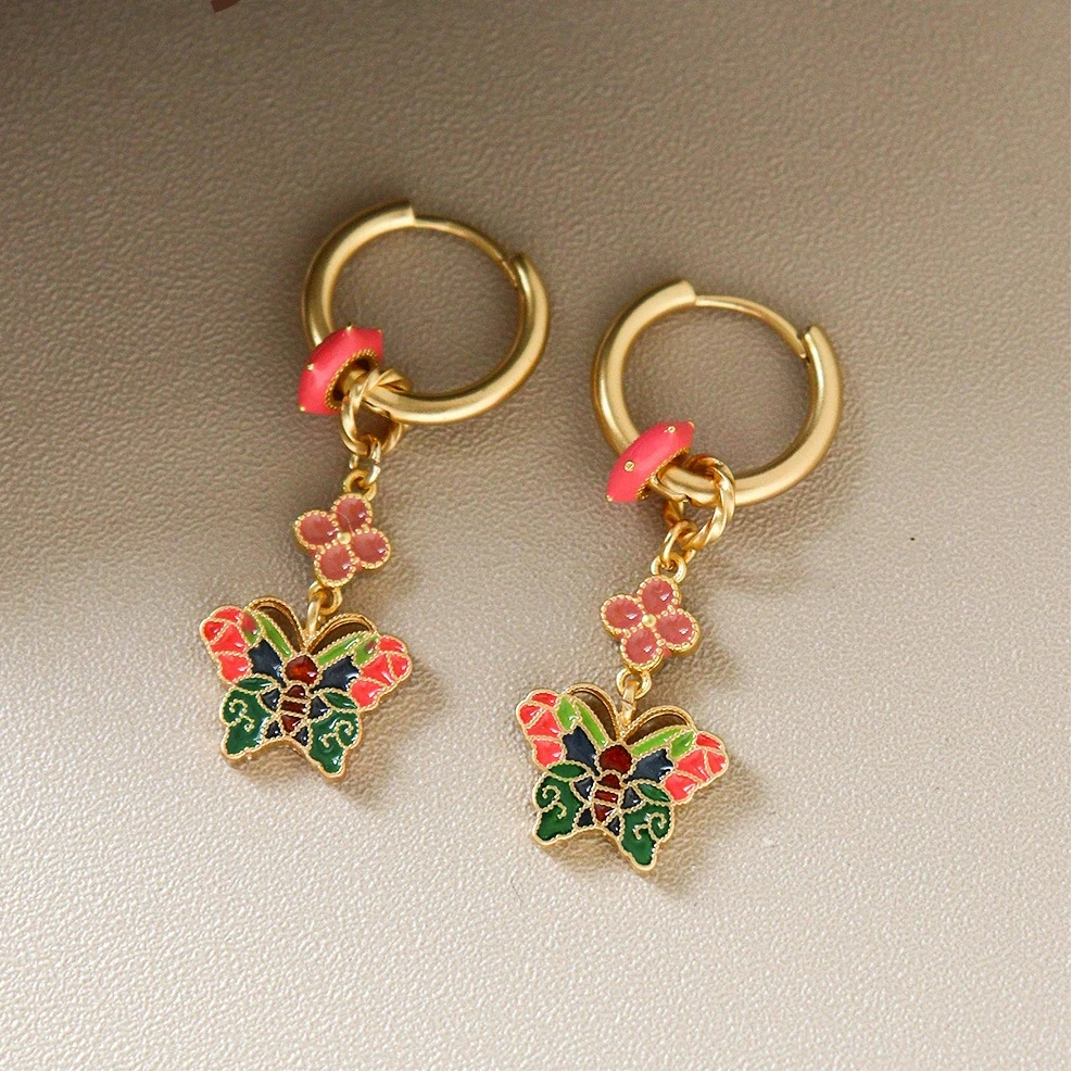 

New Chinese Style Oil Dripping Flower Enamel Butterfly Dangle Earrings High-end Ethnic Style Temperament Earrings for Women