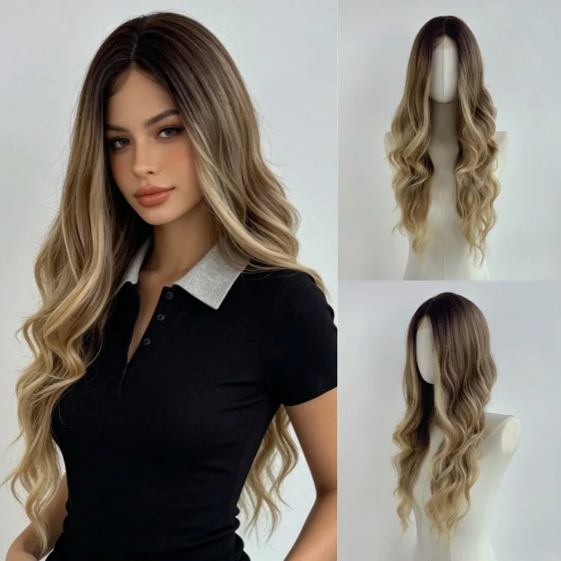 Fashionable Brown Gradient Medium-Parted Long Curly Hair Women'S Wig Outdoor Travel Party Simulation Head-Wearing Synthetic Wig