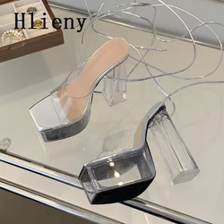 Hlieny Summer Transparent Square High Heels Platform Sandals For Women Fashio Open Toe Lace Up Wedding Banquet Clear Shoes Gold