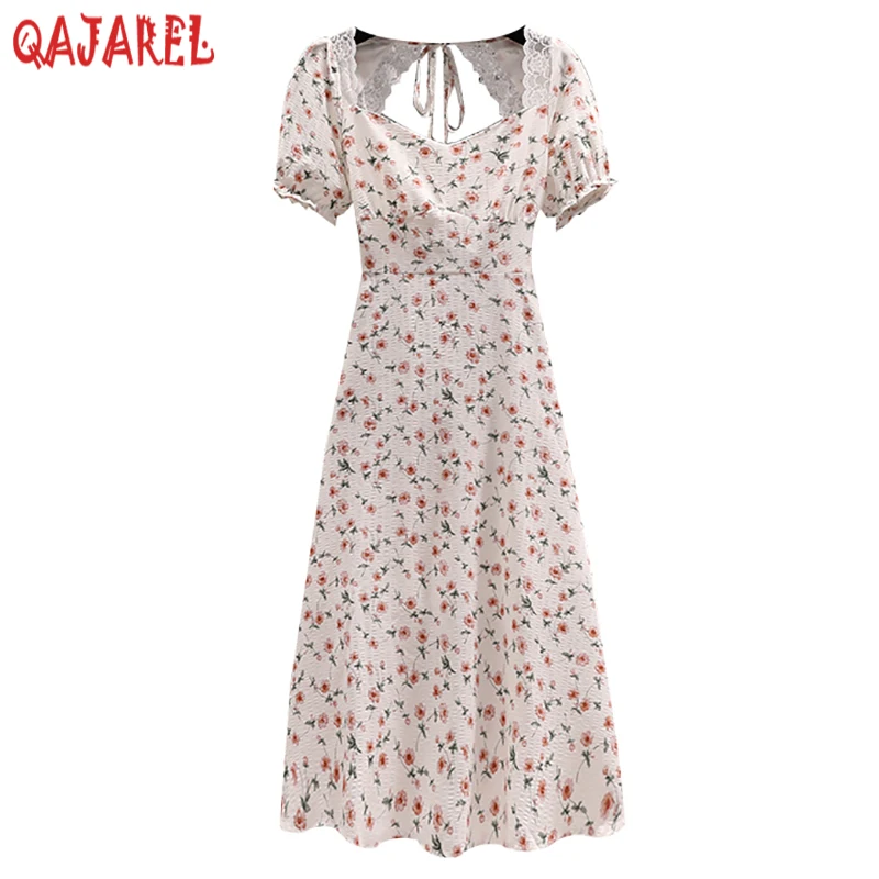 Summer Floral Chiffon Puff Sleeve Lace Suqare Collar Midi Dress Women New Sexy Backless Beach Sundress 2024 Korean Bodycon Dress