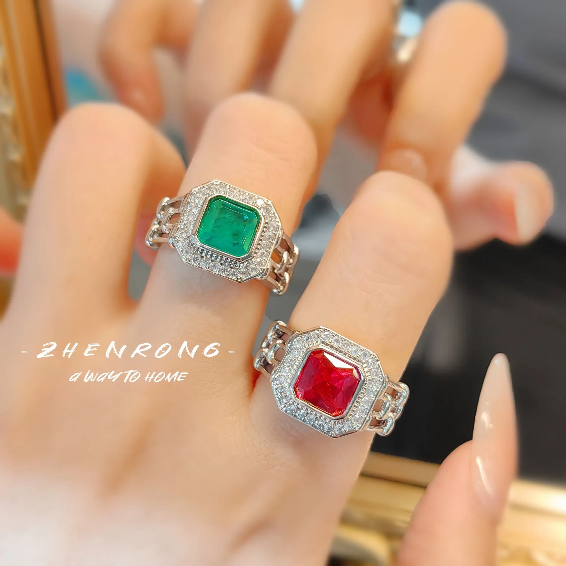 S925 Sterling Silver Ring Vintage Square Diamond Ruby Microset Diamond High Carbon Diamond Emerald Female