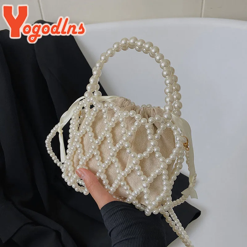 Yogodlns Mini Pearl Bag Women Bucket Tote Bag Pearl Woven Crossbody Hand Bags Coin Wallet Handbag Ladies Tote Shoulder Bags