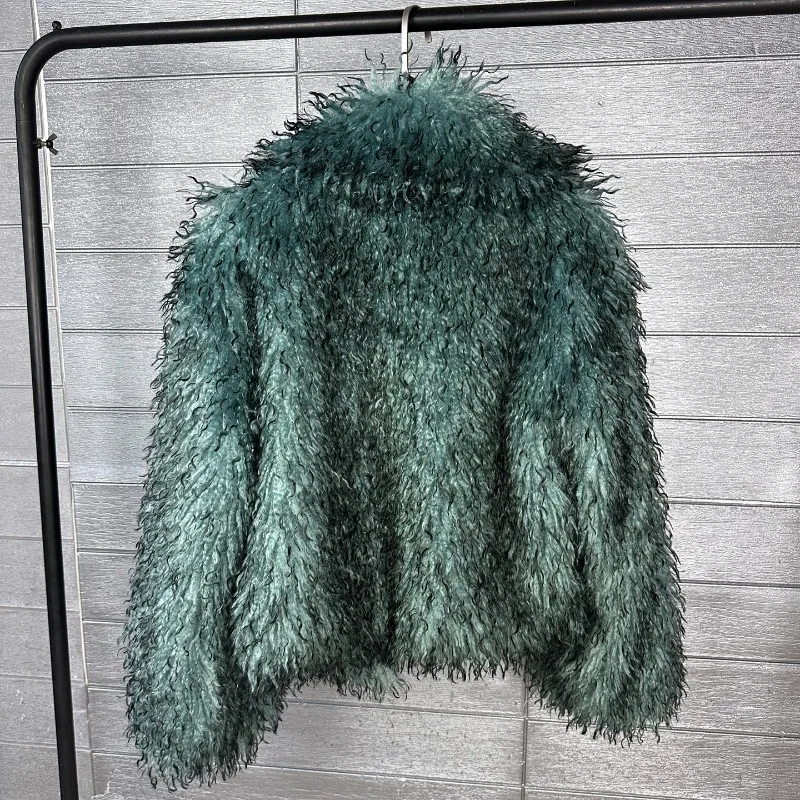 خريف 2025 تصميم عصري وردي مصبوغ بياقة مدببة من الفرو الصناعي سترة صوفية طويلة قصيرة معطف طية صدر السترة للنساء سترة فروي Y2k #5