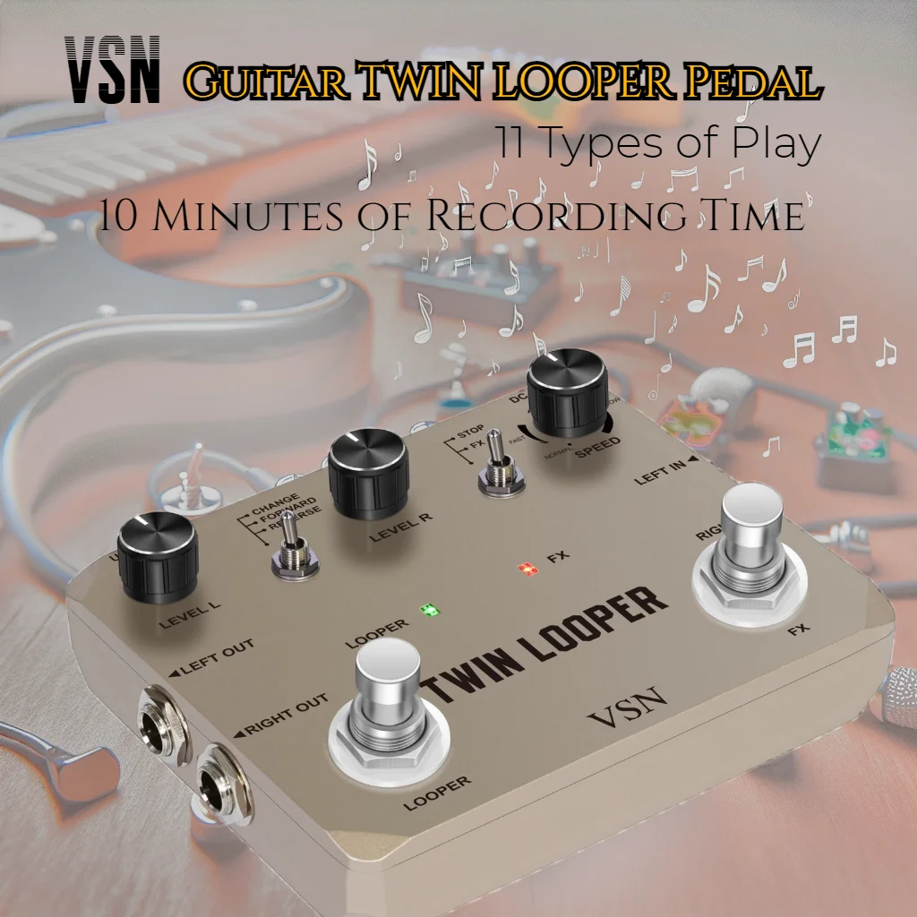 VSN Twin Looper Pedal efek gitar elektrik, kotak stasiun Loop 11 jenis mode bermain Stereo Input/Output 10 menit rekaman Rowin