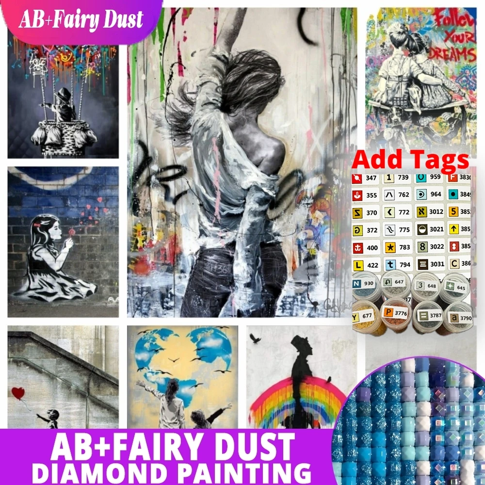 AB Fairy Dust DMC stickers Banksy Balloon Girl Graffiti Art Diamond Painting Kits Love You Forver Boy And Cross Stitch Diy Handw