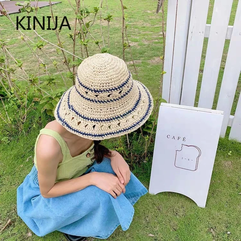 여름 모자 여성 밀짚 태양 모자 접는 태양 모자 한국어 스타일 선 스크린 비치 액세서리 Sunhat Bucket Hat Girls 밀짚모자