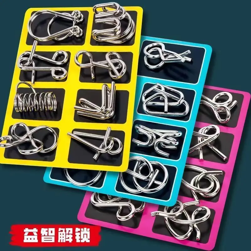 8Pcs/Set Metal Montessori Puzzle Wire IQ Mind Brain Teaser Puzzles Adults Interactive Game Reliever Educational Toys