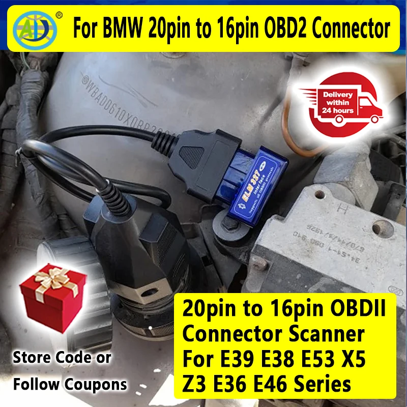 20Pin to 16Pin Cable For BMW E31/E32/E34/E36/E38/E39/E46/E53/X5 Before 2001 K-Line OBD2 Diagnostic Cable 20PIN Connector Adapter