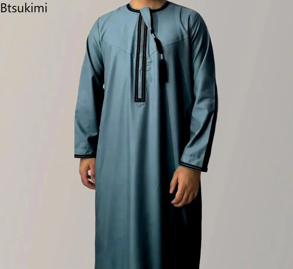 Muslim Fashion Abaya for Men Long Sleeve Dress Robe O-neck Embroidery Men Jubba Thobe Pakistan Arab Islam Clothing Prayer Kaftan