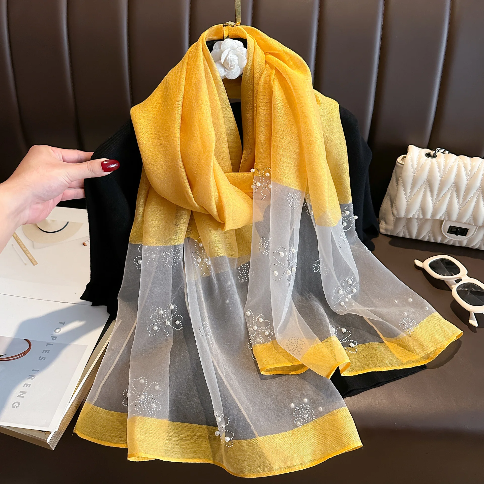 Perle Koreanische Blume Stickerei Schal Elegante Strass Dünne Seide Schal Rose Luxus Frauen Hijab Schals Dame – Detail 10