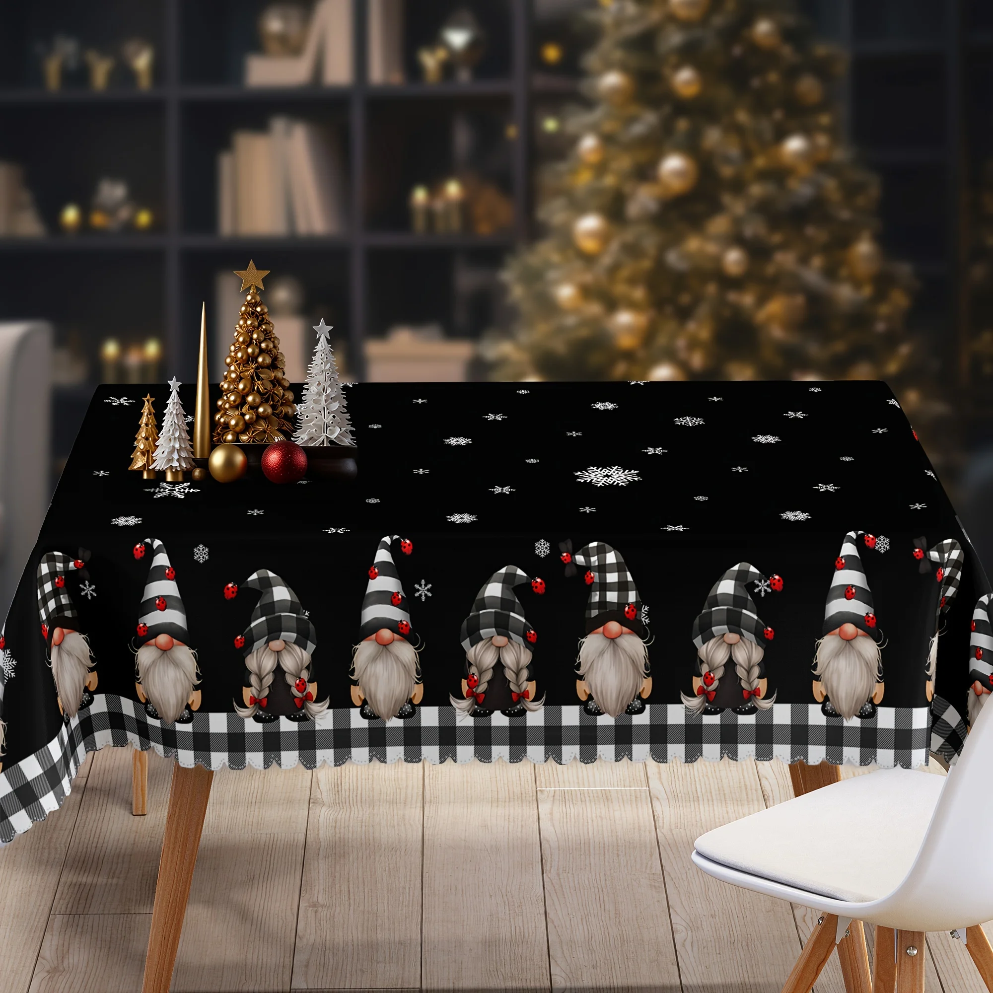 Christmas gnome black and white plaid snowflake themed tablecloth - gnome Santa, suitable for home and kitchen decoration