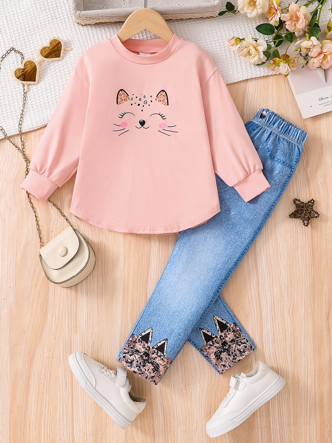 Spring and autumn girls fashion cute 2-piece set micro-elastic pink round neck cartoon long sleeve imitation denim slim pants cl