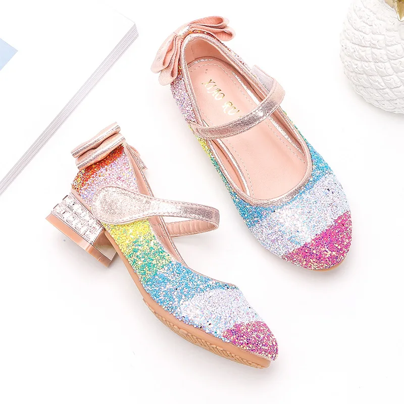 

2023 Girls Children Mary Jane Shoes for Party Wedding Shows Multicolour Low Heels Back Bow Shine Princess Leather Shoe Round-toe