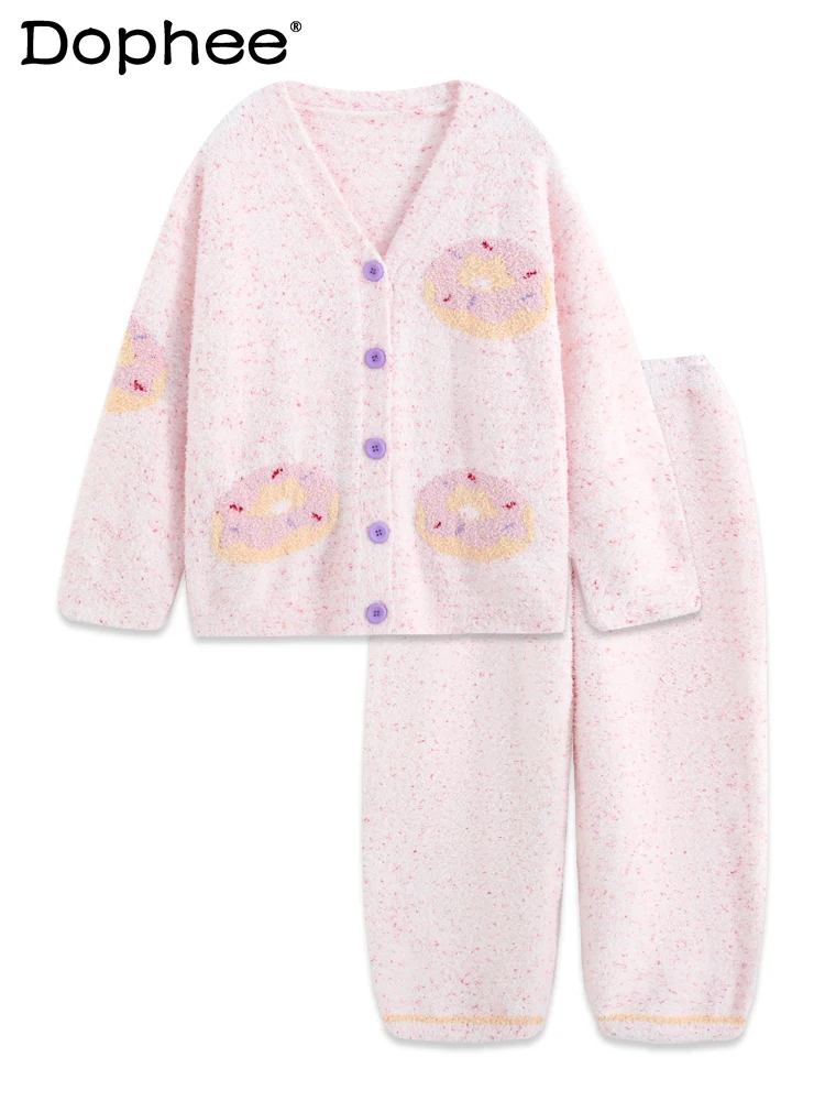 

2025 New Winter Soft Thickened Warm Pajamas Coral Fleece Cute Sweet Japanese Style Wearable Cardigan Homewear for Women