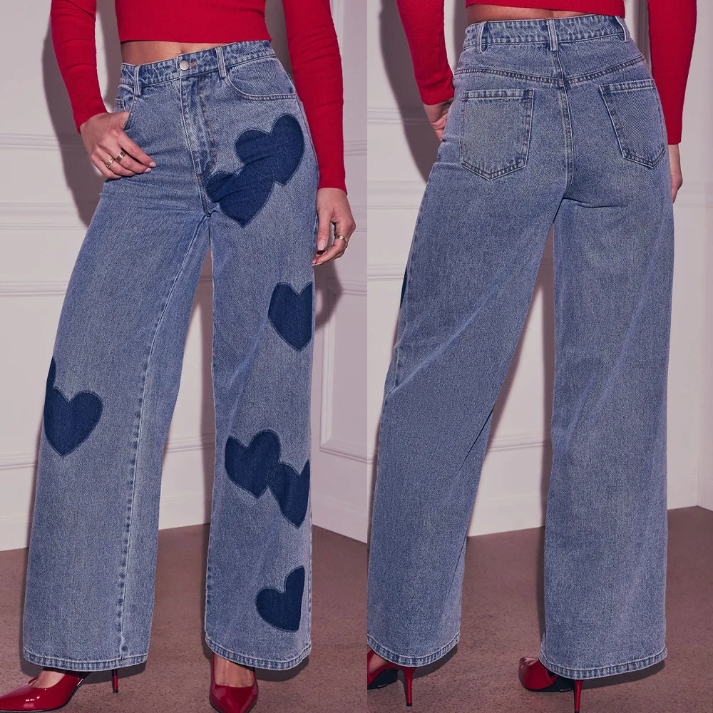 2026 primavera verão estilo coração impressão perna larga jeans vintage lavado solto jeans casuais para mulher