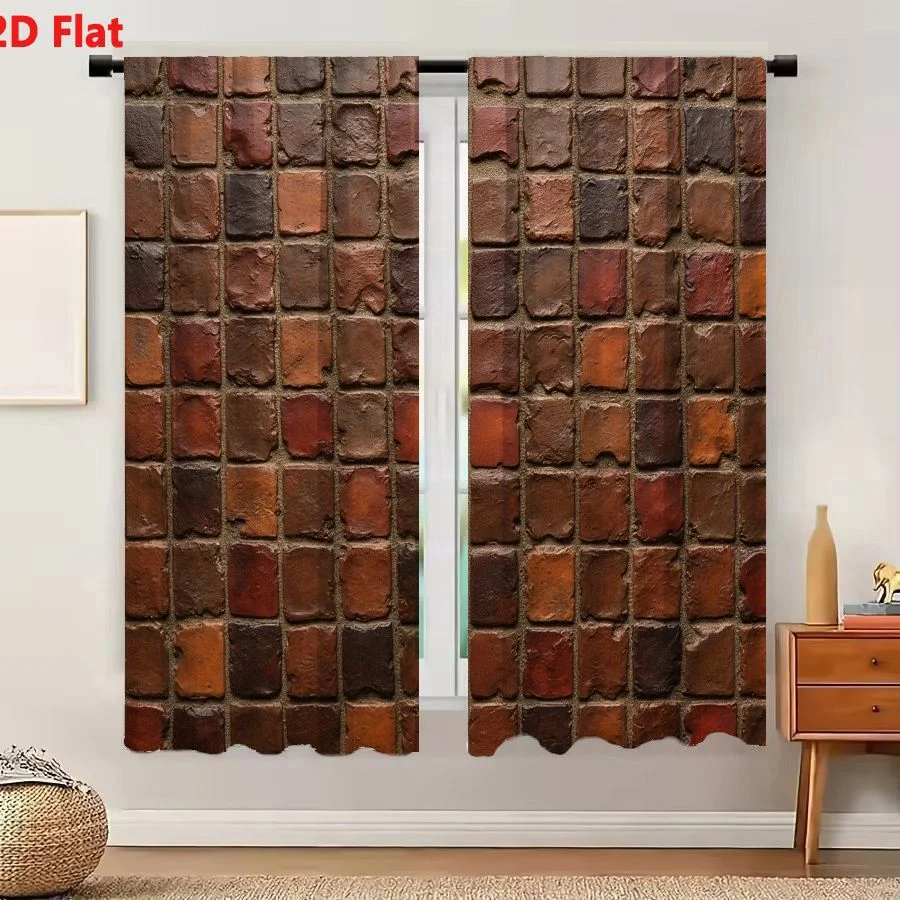 2Pcs Curtains 2D Flat Textured Wall Surface With Small Square Tiles In Earthy Reddish Brown And Terracotta Shades Window Drapes