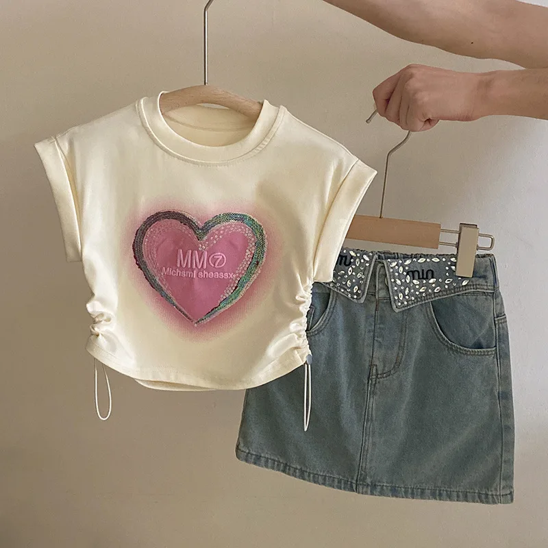 

Baby Clothing Set 2024 Summer New Girl Sequin Love Letter Short Sleeved Top with Lapel Denim Short Skirt