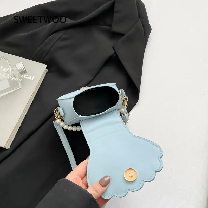 Multi Color Shell Shape Mini Crossbody Bag Imitation Pearl Chain Decor Sweet Cute PU Leather Small Shoulder Purse