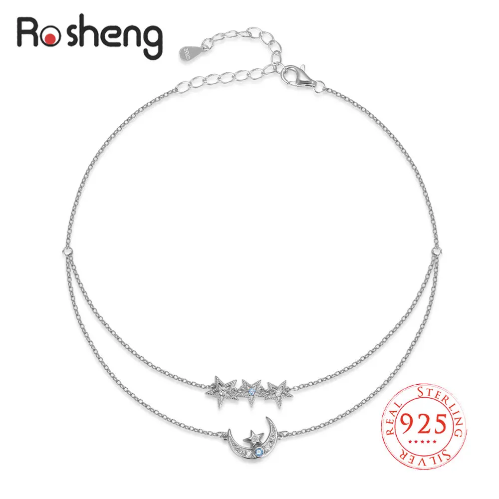 925 Sterling Silver Star Romantic Zircon Moon Star Foot Jewelry for Women Sequins Ankle Bracelet on Leg Foot Trendy Summer Gift